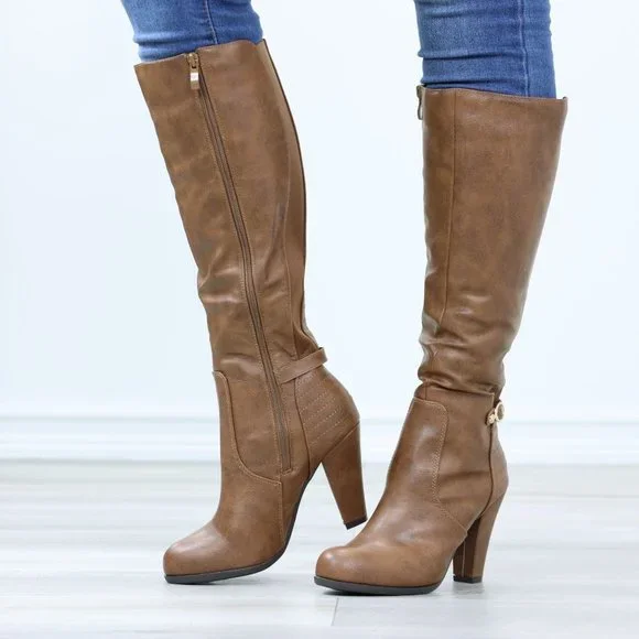 Tan Below The Knee Faux Leather Boots Round Toe Classy Cone Heeled - Picture 12 of 14